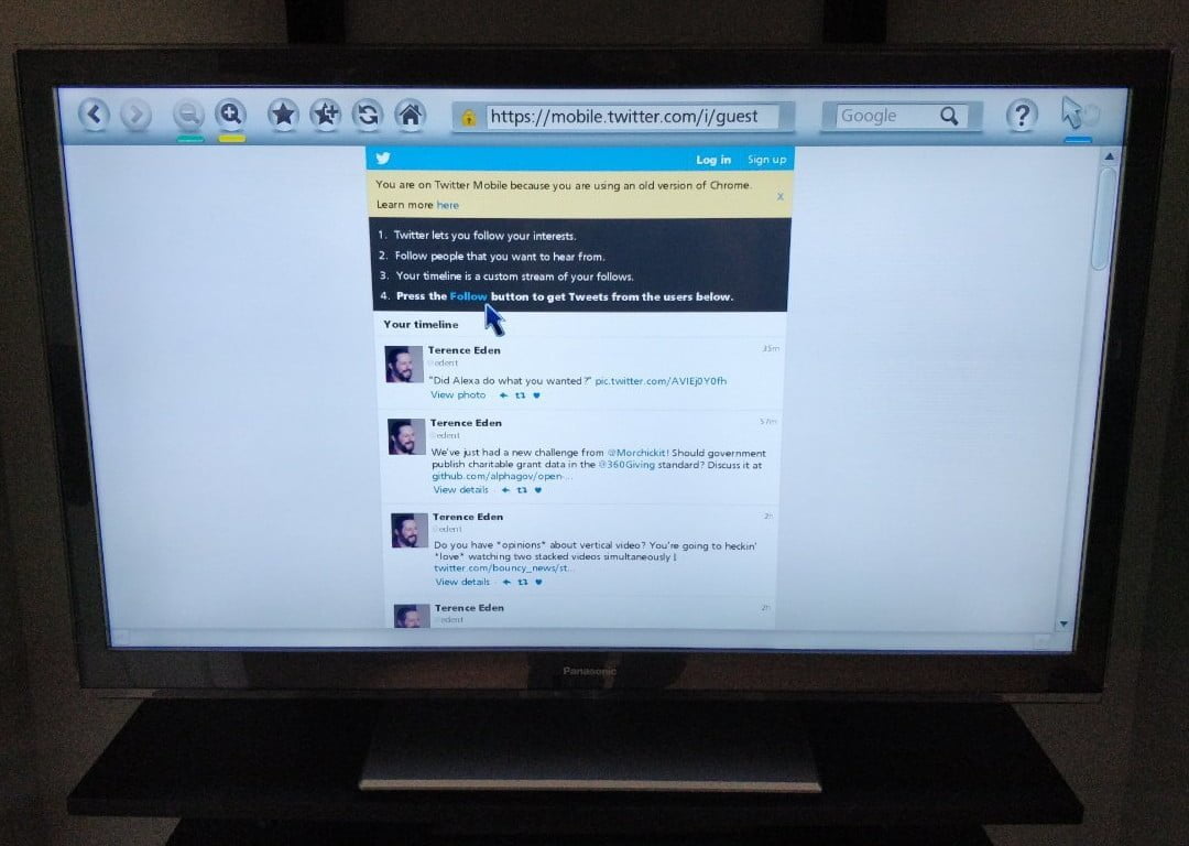 Twitter's guest mode displayed on a TV.