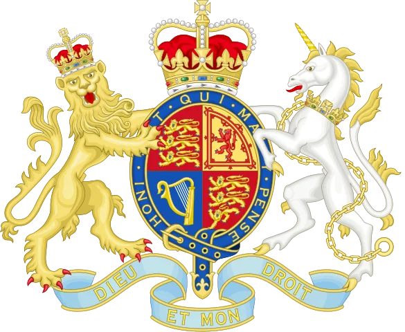 Royal coat of arms of the UK. A lion and a unicorn.