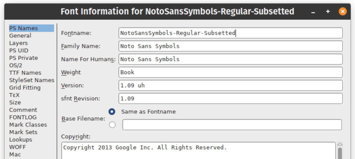 Fontforge showing the version is from 2013.