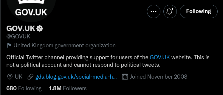 Screenshot of the GOV.UK Twitter Account. Twitter have added a flag and label saying it is state affiliated.