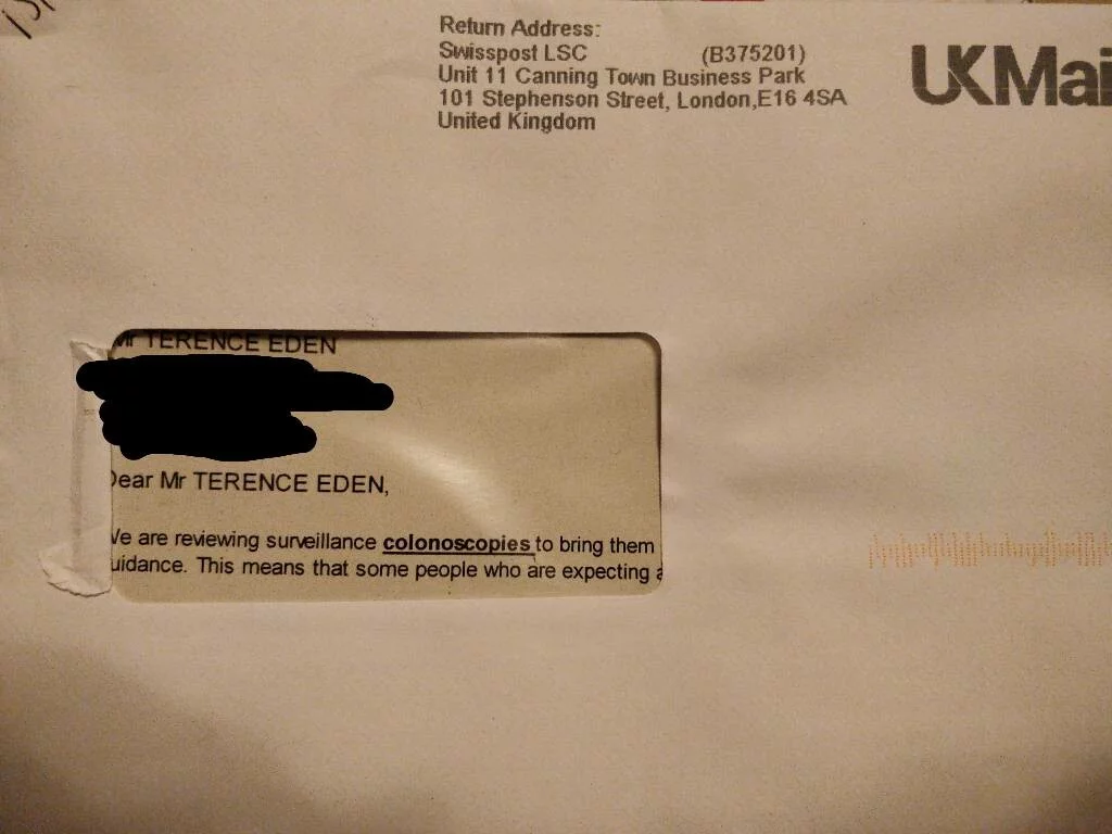 A letter addressed to me. Just inside the plastic window you can see the word "colonoscopies".