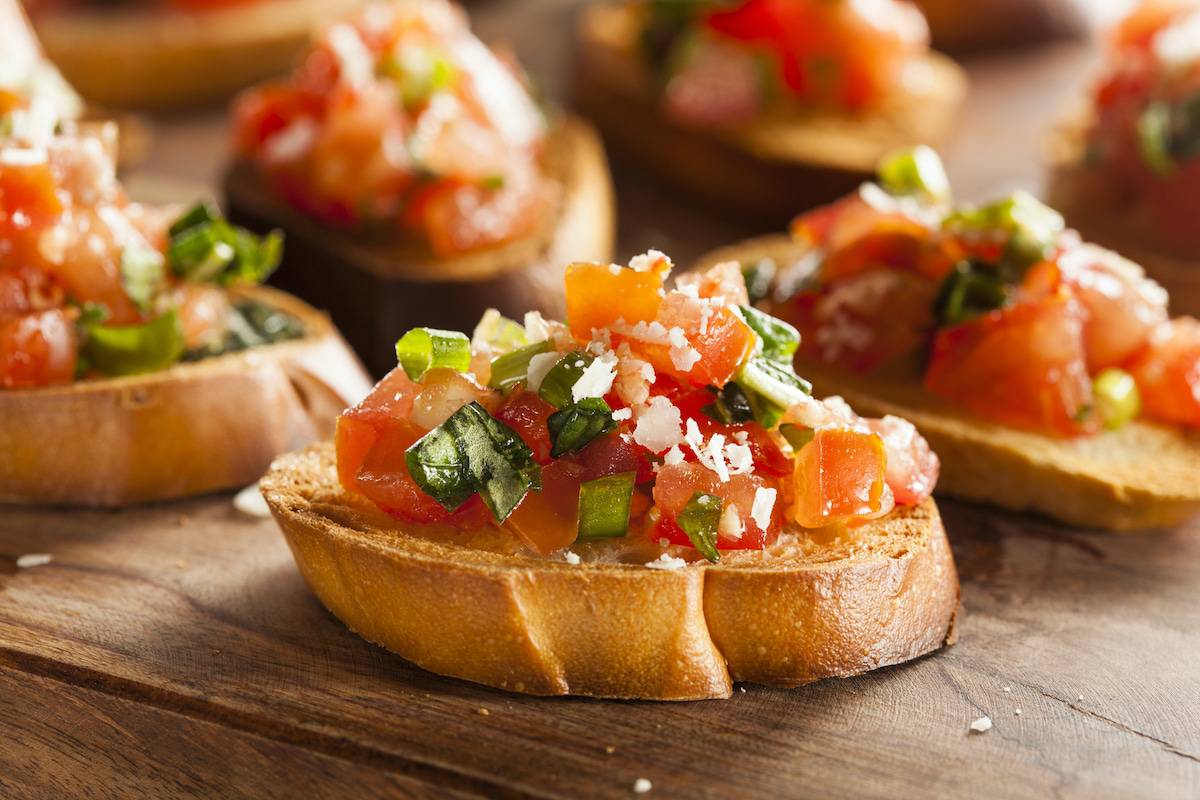 Homemade Italian Bruschetta Appetizer with Basil and Tomatoes