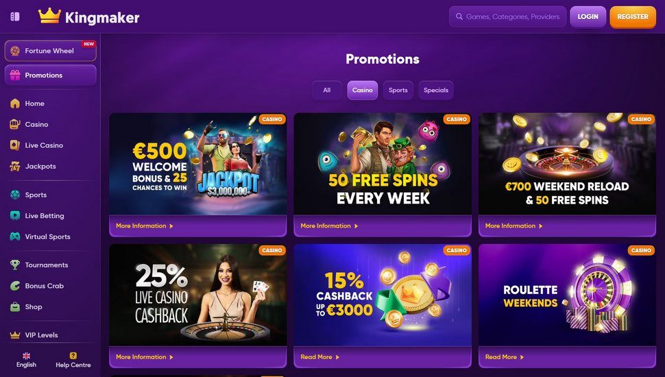 Kingmaker casino bonus page