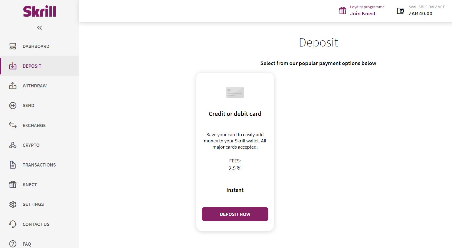 Skrill deposit page