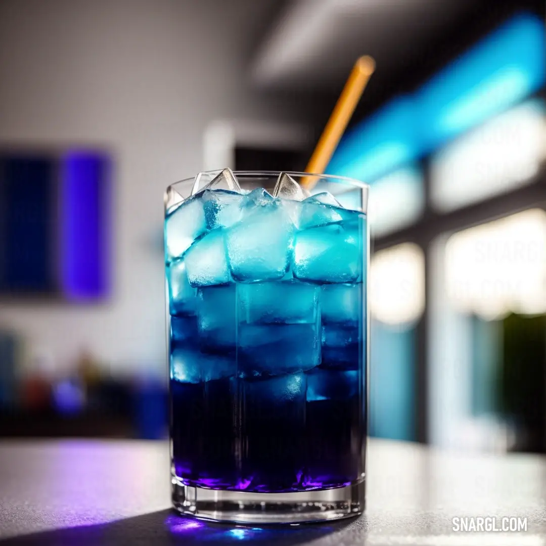 A refreshing blue drink with ice, sitting on a table, its glass adorned with a straw, with soft blue light glowing behind it, creating a cool, inviting ambiance.