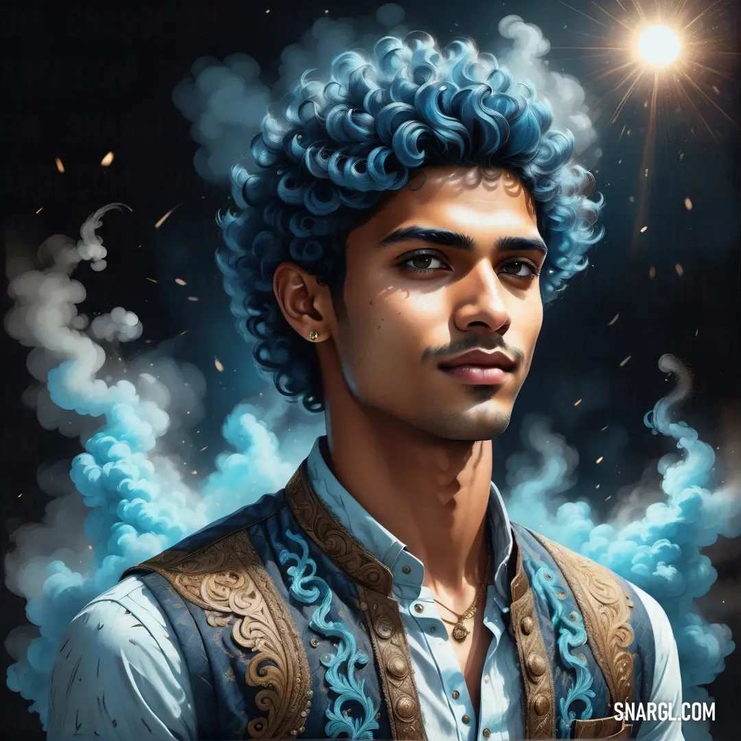 A vibrant painting of a man with striking blue hair, dressed in a smart vest. The soft blue tones in the image create a soothing atmosphere, with RGB color of 137, 207, 240 enhancing the tranquil and artistic vibe.