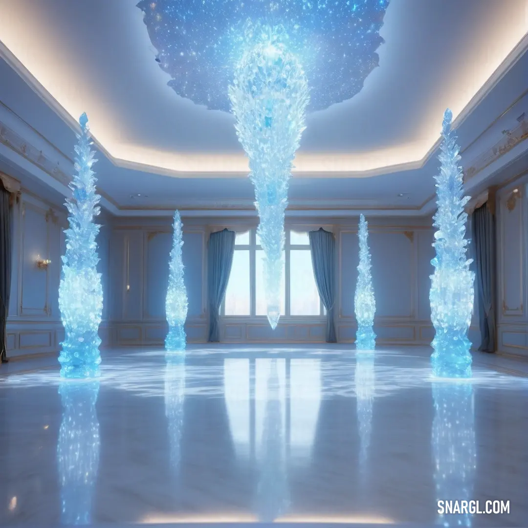 A spacious room with a pristine white floor and a grand chandelier hanging from the ceiling, casting soft light. A window with curtains adds to the elegance of the space, with the calming RGB color of 137, 207, 240 enriching the atmosphere.