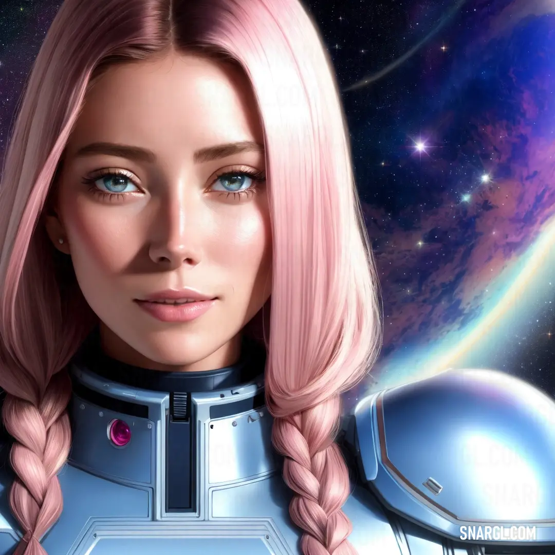 A woman with vibrant pink hair, wearing a futuristic space helmet that covers her face, creating an intriguing and mysterious look as she gazes into the distance.