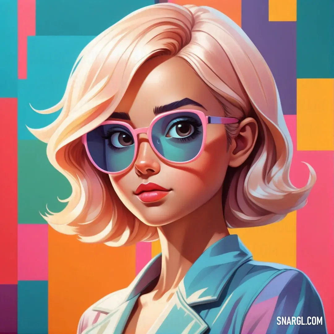 A woman with blonde hair and sunglasses stands against a vibrant, multicolored background, adding a touch of style and flair to the scene.