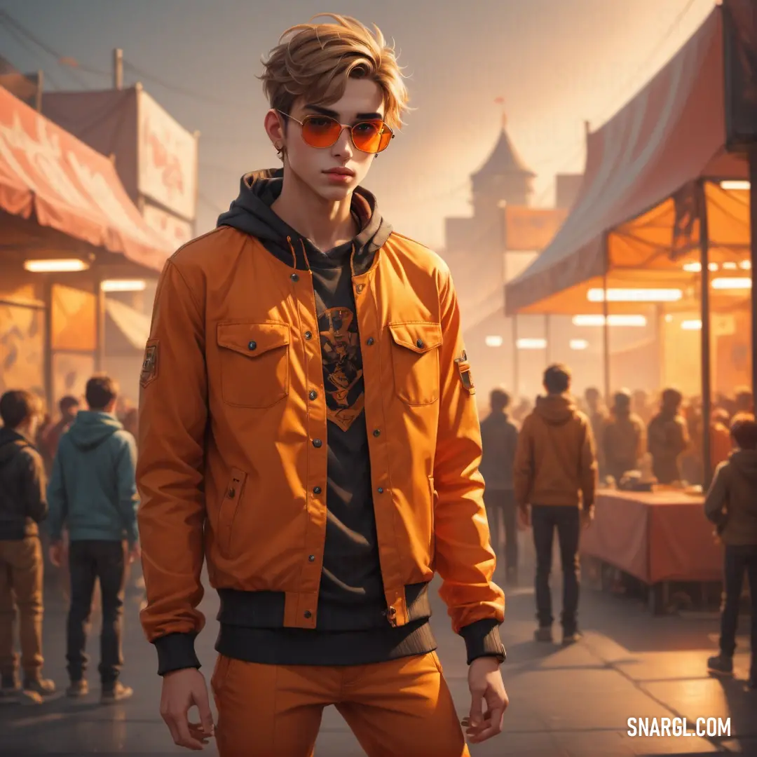 A man wearing an orange jacket and stylish sunglasses stands in front of a bustling crowd during a sunset, capturing the vibrant energy of the city. The warm golden light of the setting sun bathes the scene in rich colors.