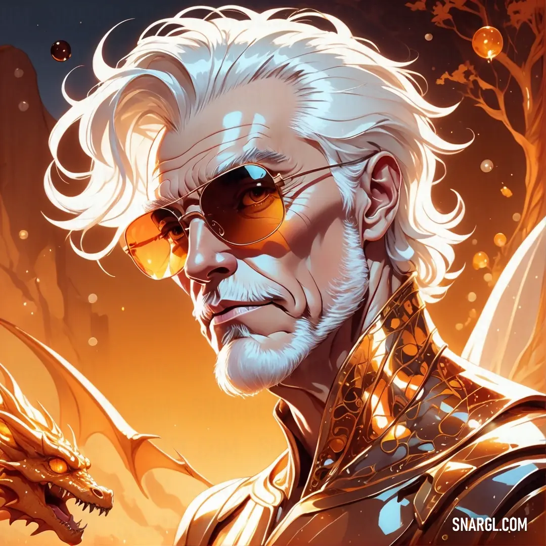 A portrait of a man with white hair and glasses, gazing thoughtfully with a dragon perched on his shoulder. The intricate details of the dragon's scales and the man's expression create a sense of mystery.