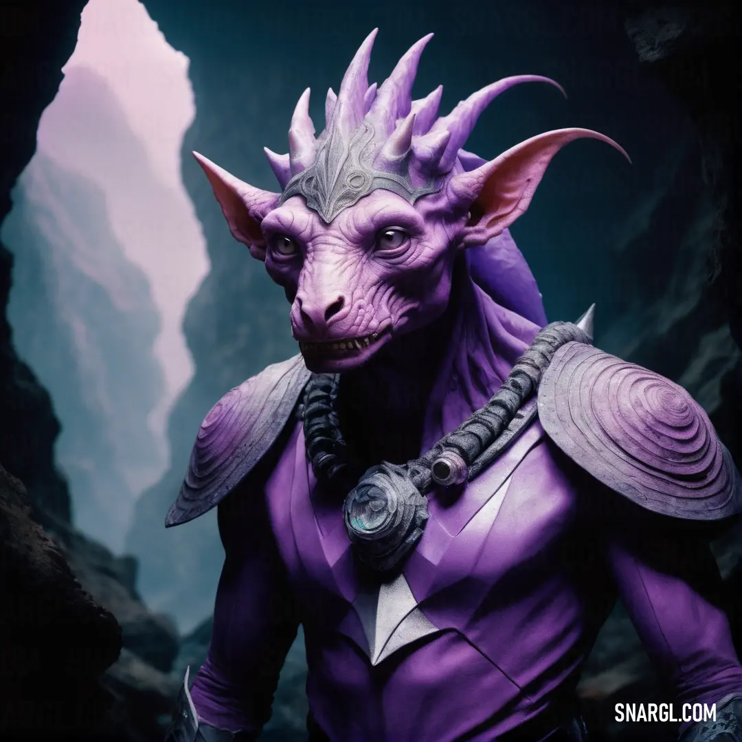 A purple creature with menacing horns and a gleaming helmet stands proudly atop a jagged rock formation. A cave looms in the background, and a deep purple sky adds to the mysterious and dramatic atmosphere of the scene.