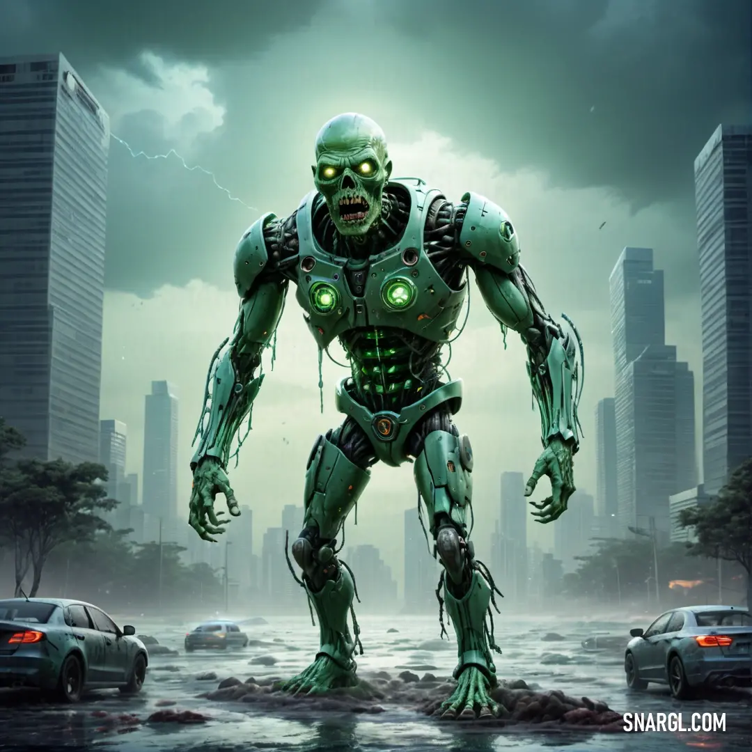 A vibrant green robot stands proudly in the middle of a busy city street, surrounded by cars and towering buildings. Its metallic exterior contrasts sharply with the bustling urban environment.