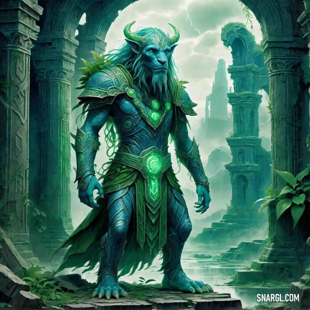 A mysterious creature with large horns and glowing green light in its hand, standing in a dark cave under a stone archway. The scene exudes a sense of wonder and ancient power.