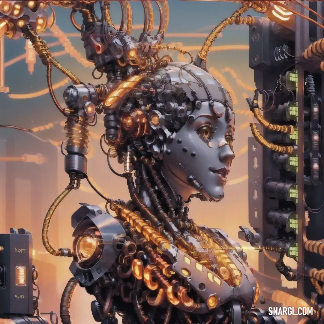 A woman with a futuristic robot head, wires sprawling from her head and connecting to her body, stands against a backdrop with a phone in the distance. The warm, golden tones of the image dominate with a deep amber (#E2A770) color scheme.