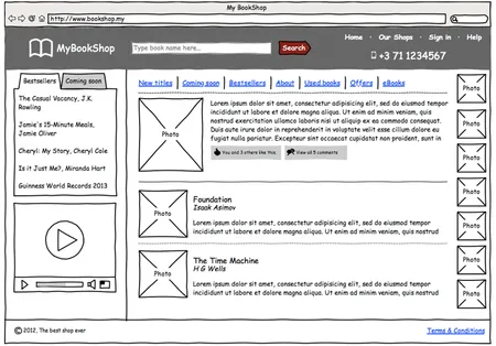 Illustration of a design comp for a bookstore website