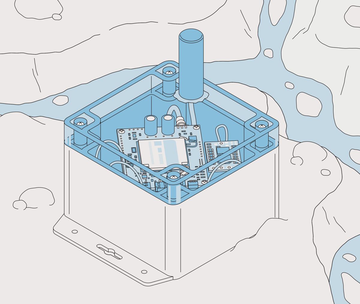 A cube shaped box sits on a piece of ice surrounded by water. The top half is transparent, and a stubby cylinder inside can be seen.