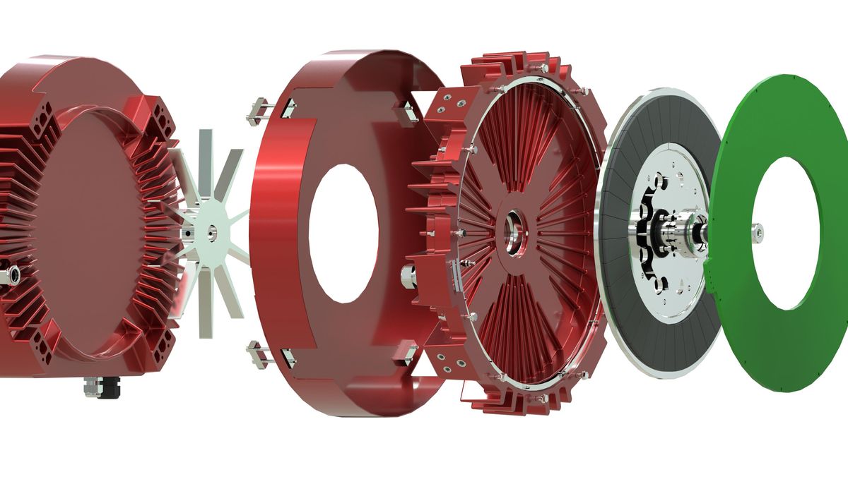 A photo shows separated components of the axial flux motor in the order in which they appear in the finished motor.