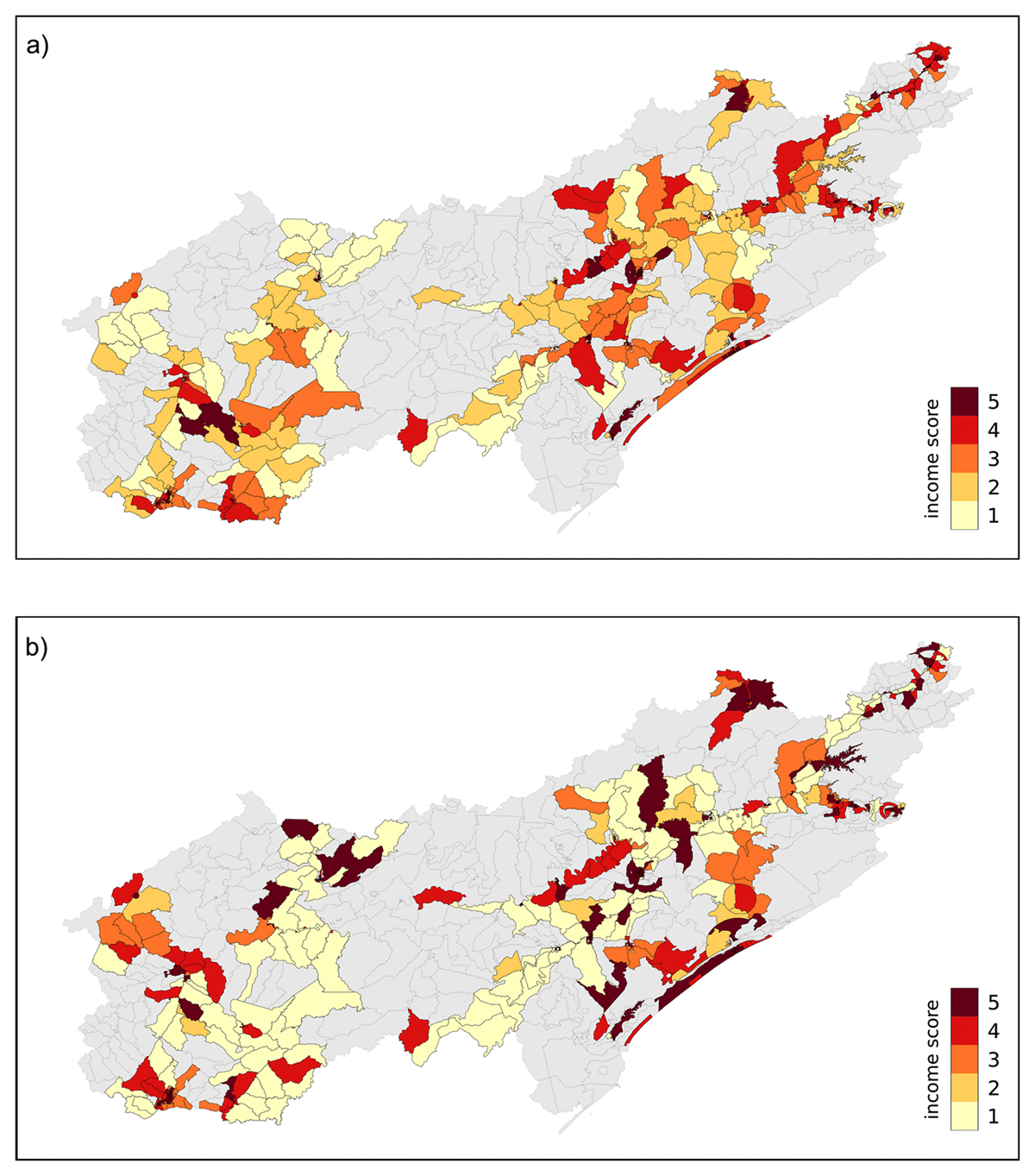 The distribution of income scores for the mode for each census