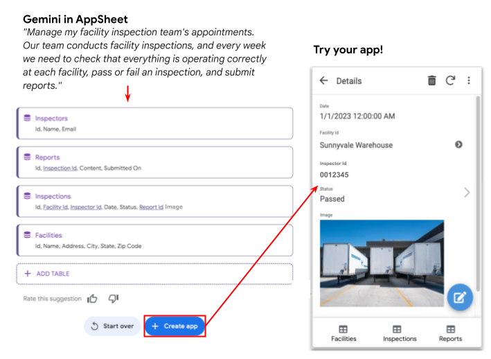 Gemini in AppSheet creates app structure that you use to create an app