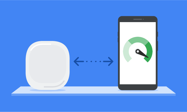 An illustration showing a Nest Wifi Pro router and a smartphone, with arrows in between the two to show a close proximity.