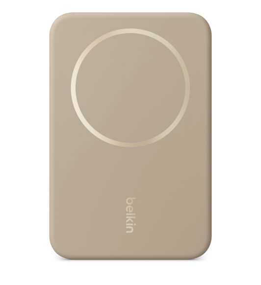 Belkin BoostCharge Pro Magnetic Power Bank, front, rectangular shape with rounded corners, circular charge pad at the top, Belkin logo at the bottom
