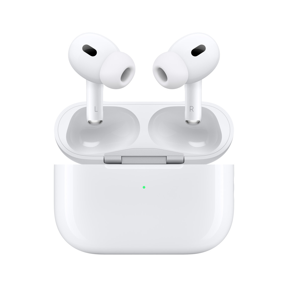 Inneres von AirPods Pro und MagSafe Ladecase, rechter und linker In-Ear Kopfhörer mit Mikrofon für Geräuschunterdrückung am oberen Rand, Silikontip am Ende jedes In-Ear Kopfhörers. Obere Seite des geöffneten MagSafe Case, befestigt mit silbernem Scharnier.