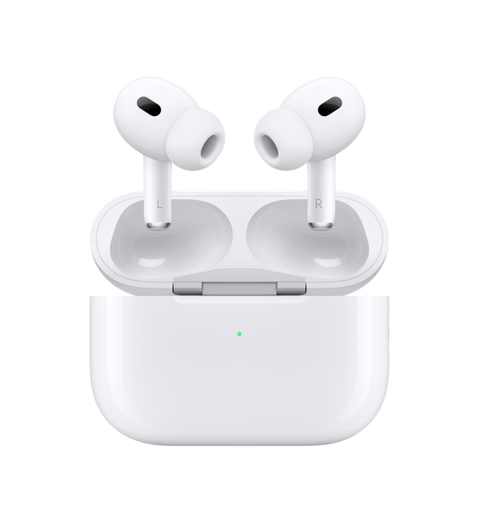 Wnętrze etui ładującego MagSafe z AirPods Pro, widać prawą i lewą słuchawkę, u góry każdej słuchawki znajduje się mikrofon redukujący hałas, każda słuchawka ma silikonową końcówkę. Górna część etui ładującego MagSafe jest otwarta, obie części łączy srebrny zawias.