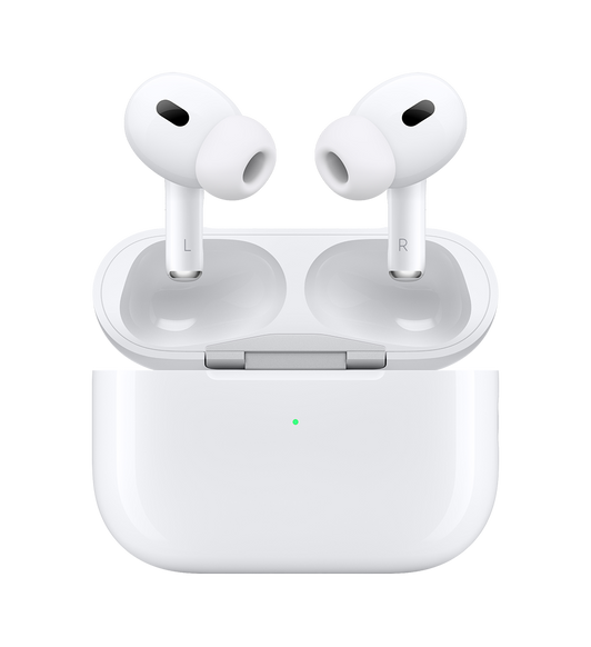 AirPods Pro 2 og MagSafe-ladeetui (USB-C), øretelefoner med silikonplugger, etui med ekstern LED-strømindikator