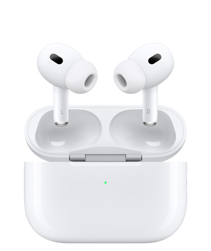 AirPods Pro 2 and MagSafe Charging Case (USB-C), earbuds with silicone tips, case with external LED power indicator