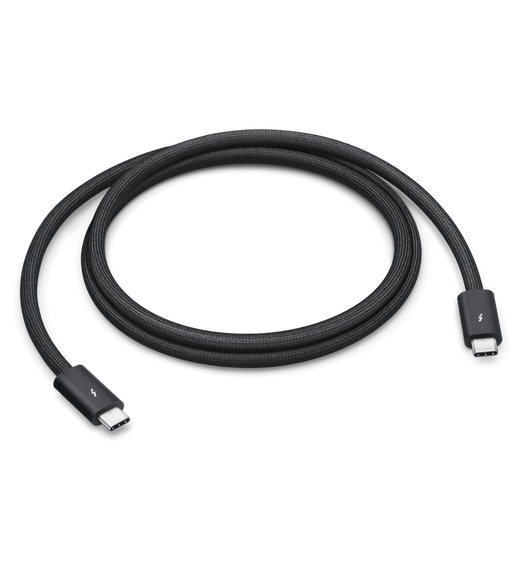 El cable Thunderbolt 5 Pro negro (1 metro) tiene un diseño trenzado que te permite enrollarlo sin que se enrede y admite transferencias de datos de hasta 40 gigabytes por segundo.