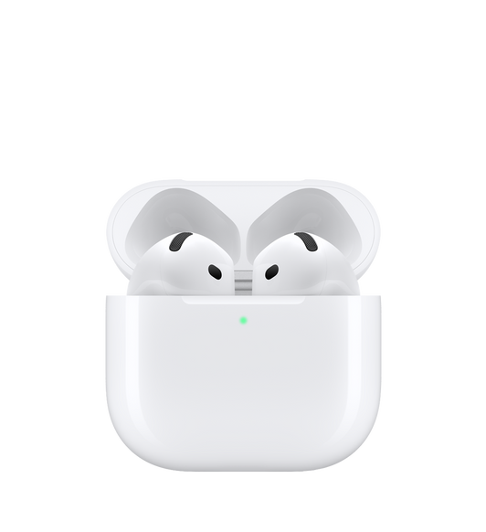 AirPods 4 y estuche de carga, audífonos blancos ovalados y extremos cortos. Estuche blanco, esquinas redondeadas, indicador LED en la parte externa, tapa abierta, con bisagra color plata