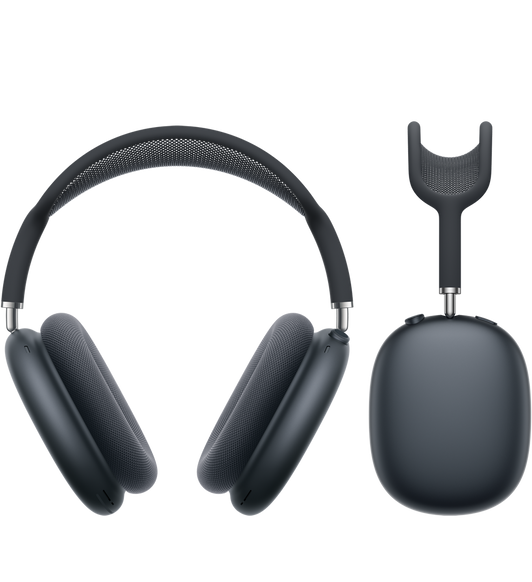 AirPods Max in Midnight, over-ear headphones, aluminium ear cups, ear cushions, telescoping arms connect the cups and headband