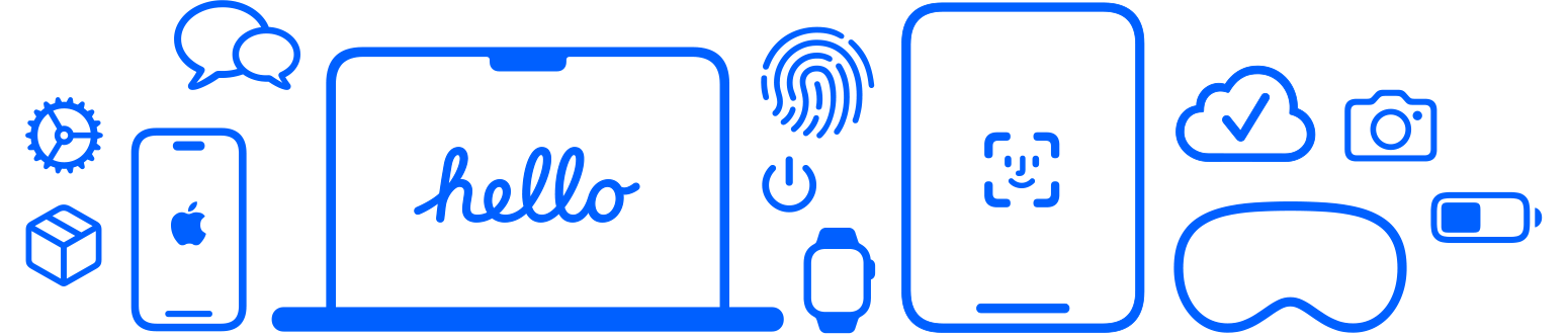 Apple devices and features, setting icon, shipping box, messaging, iPhone, MacBook setup, Touch ID, power icon, Apple Watch, iPad with Face ID.