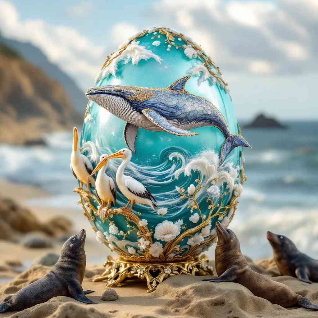 A beautiful faberge egg featuring a humpback whale and pelicans - it is located on a beach and sea lions on that beach are looking at it.