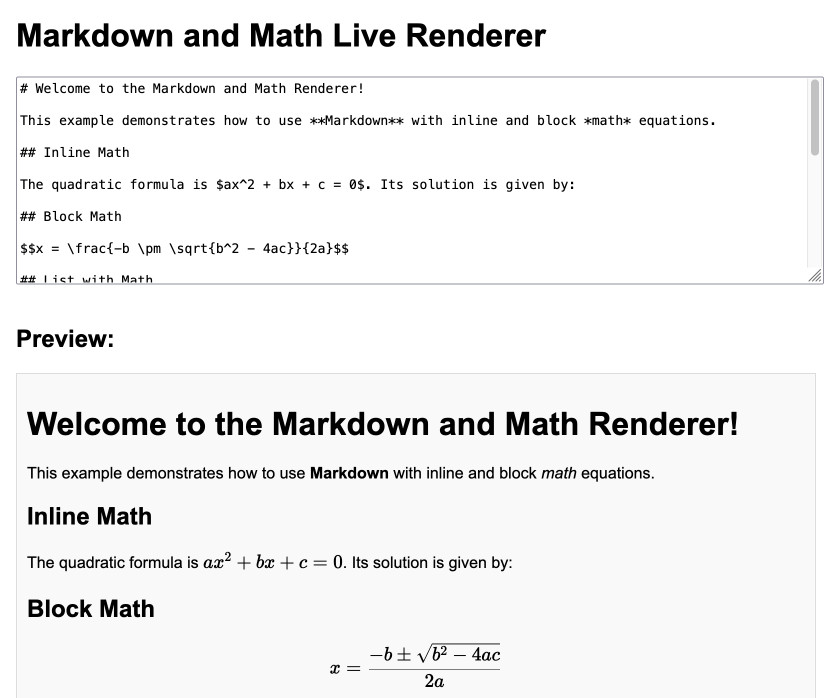 Screenshot of the tool in action - Markdown plus math at the top is rendered underneath.