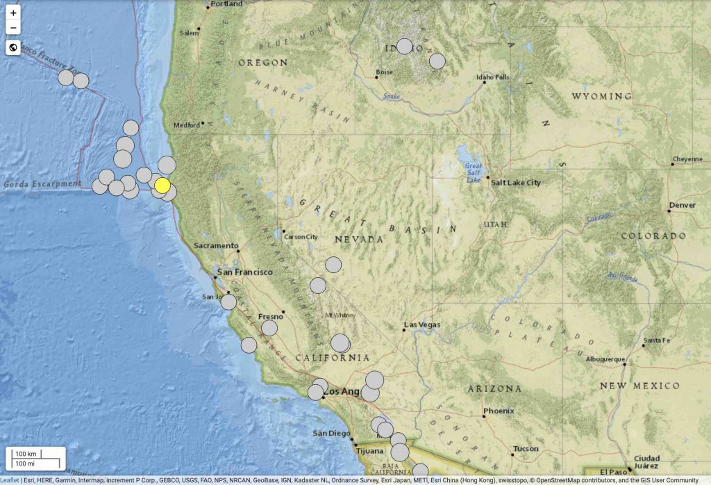 Since 1964, the USGS/ANSS ComCat catalog records more than 10 earthquakes greater than or equal to magnitude 6.4. Tuesday’s magnitude-6.4 event is in yellow. The Gorda Plate region is by far the largest producer of moderate and large earthquakes in the conterminous US. Credit: Chris Rollins, GNS Science