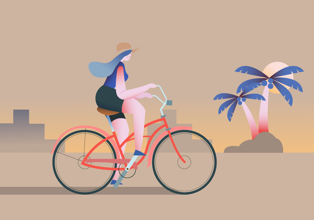 Digital art of a cartoon woman riding a bicycle in front of a minimalist city and beach.