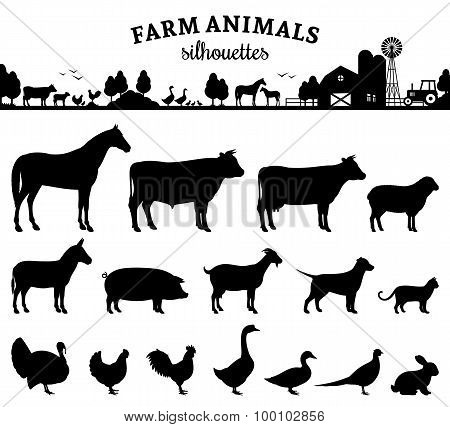 Vector Farm Animals Silhouettes Isolated On White