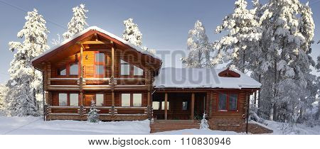 Log Cabin With Large Windows, Balcony And Porch, Modern House.