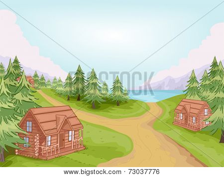 Illustration Featuring Log Cabins in a Village