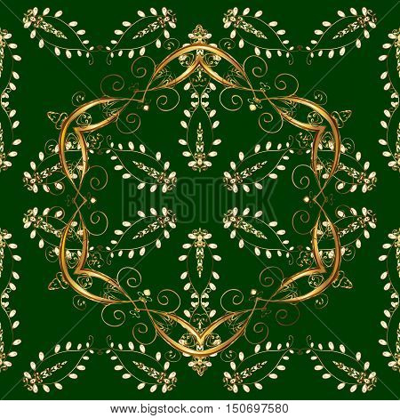 Green floral vector golden ornament on green background