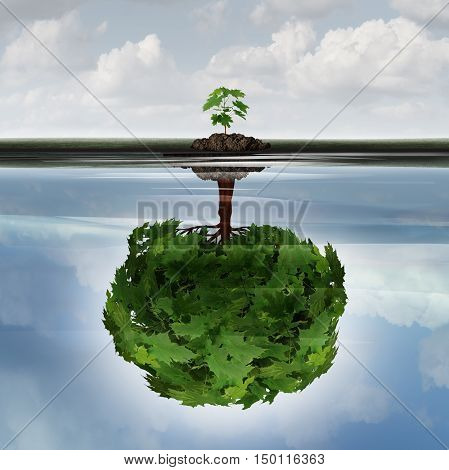 Potential success concept as a symbol for aspiration philosophy idea and determined growth motivation icon as a small young sappling making a reflection of a mature large tree in the water with 3D illustration elements.