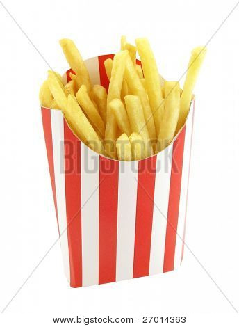 French fries potatoes in red and white stripes box