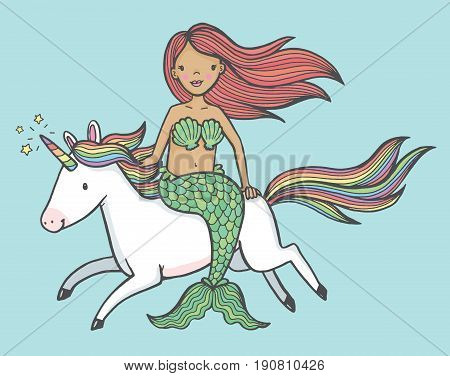 Cute cartoon drawing of a mermaid riding a unicorn. Vector illustration.