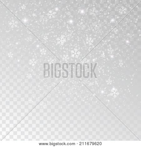 White tender snowflakes snow falling over transparent background vector illustration. Snow, snow flakes falling, vector. White snowflakes background. Snowflakes transparent effect.