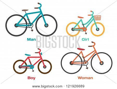 Bicycle Set for family ride. Set riding bikes isolated on white