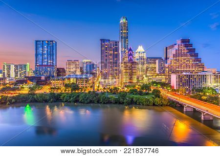 Austin, Texas, USA downtown skyline over the Colorado River.