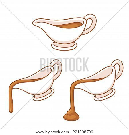 Gravy boat drawing set. Sauce dish pouring hot meat gravy, traditional holiday dinner element vector illustration.