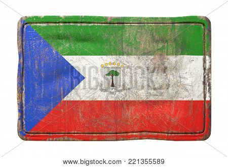 3d Rendering Of A Equatorial Guinea Flag Over A Rusty Metallic Plate. Isolated On White Background.